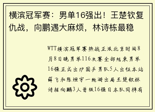 横滨冠军赛：男单16强出！王楚钦复仇战，向鹏遇大麻烦，林诗栋最稳